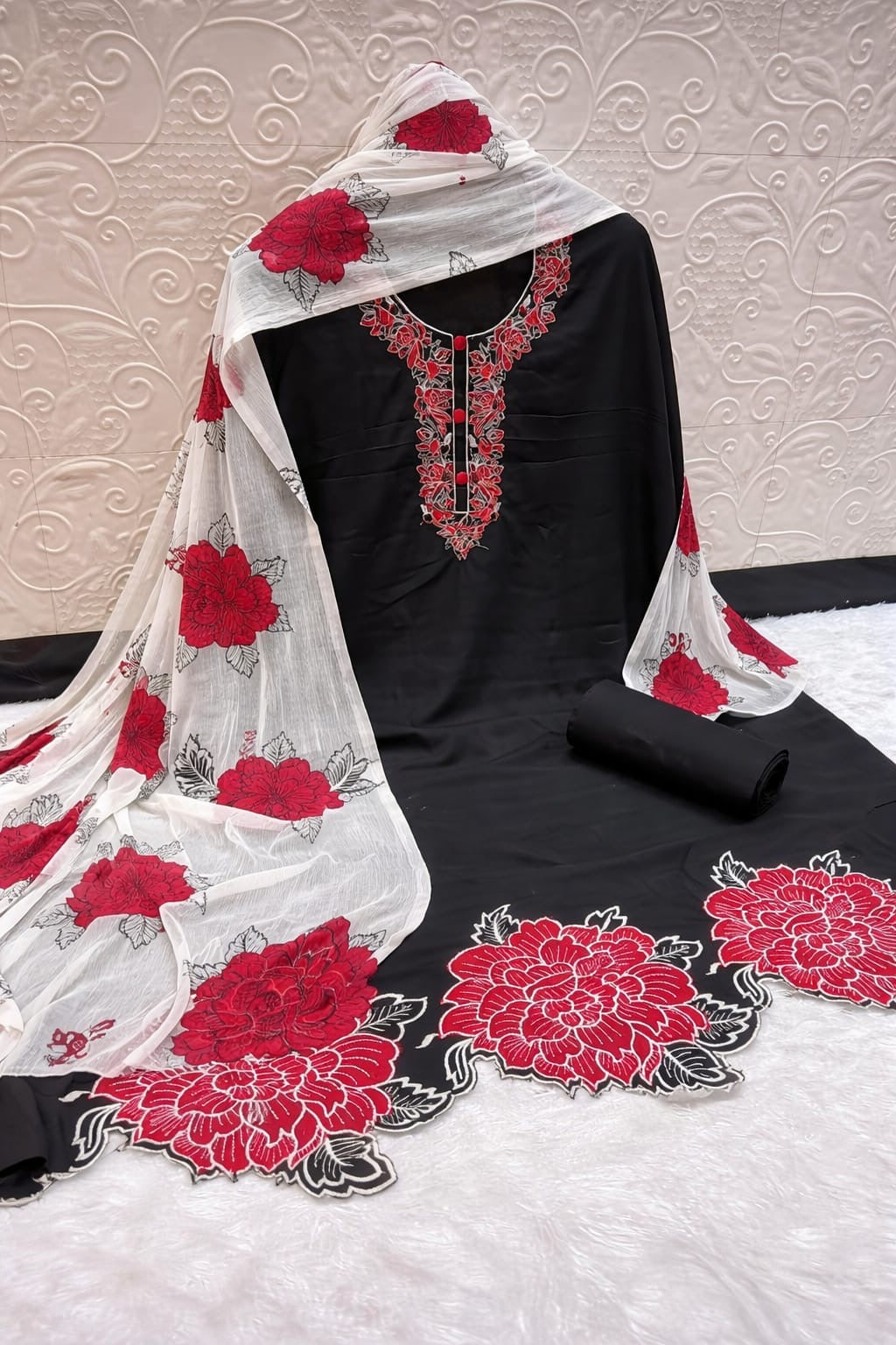 Cream Floral Printed Cotton Suit Set with Embroidery & Dupatta