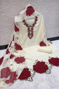 Cream Floral Printed Cotton Suit Set with Embroidery & Dupatta