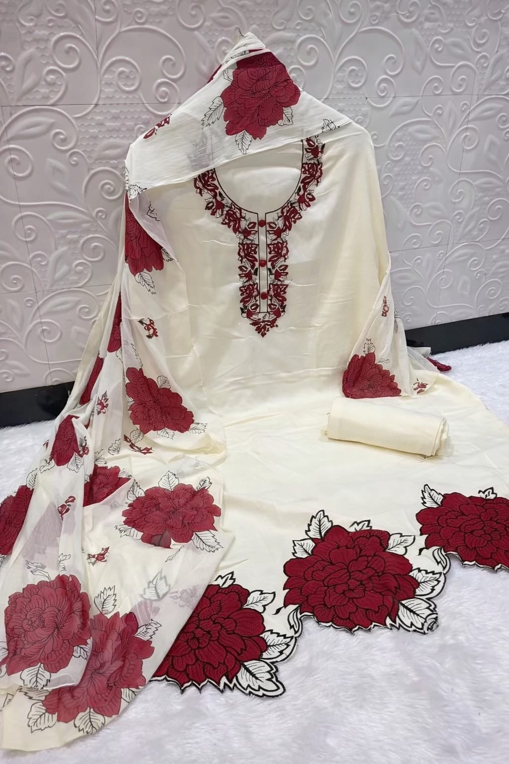 Cream Floral Printed Cotton Suit Set with Embroidery & Dupatta
